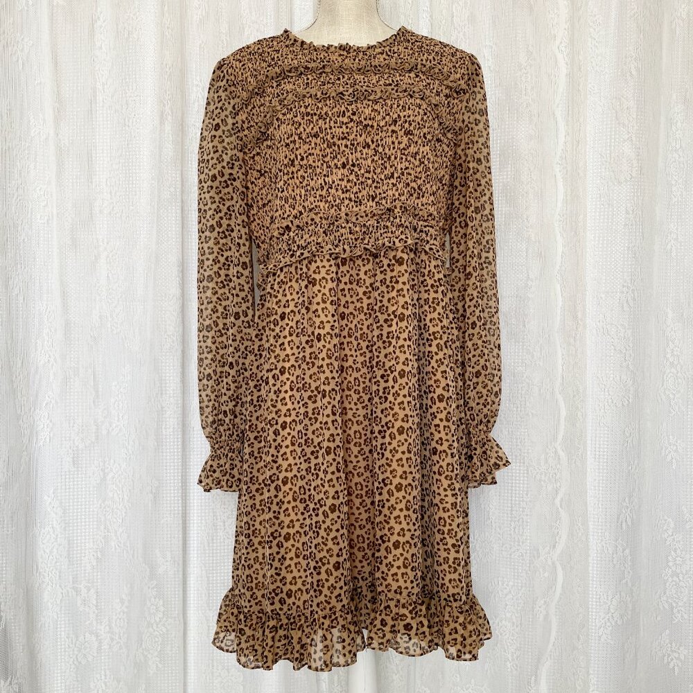 Rachel Parcell Women's Smocked Dress XXL Cheetah Ruffle Flowy Mini Long Sleeve - Picture 2 of 7